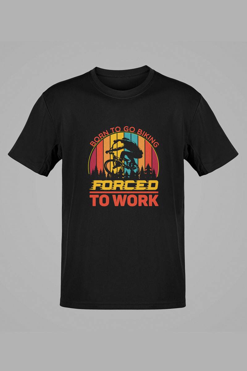 Black Adventure Tee – “Born to Go Biking, Forced to Work”